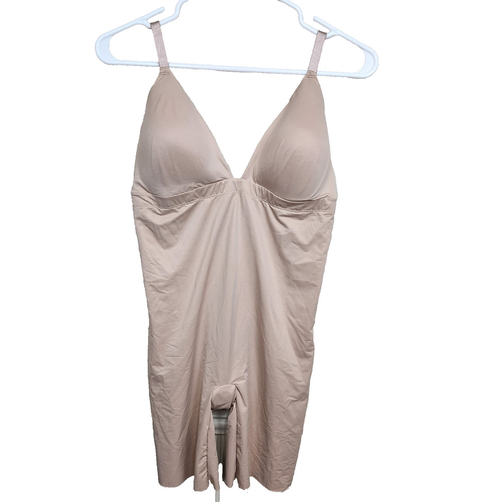 Assets SPANX Smoothing Mid Thigh Convertible Nude Bodysuit Plunge V-Neck SZ XL